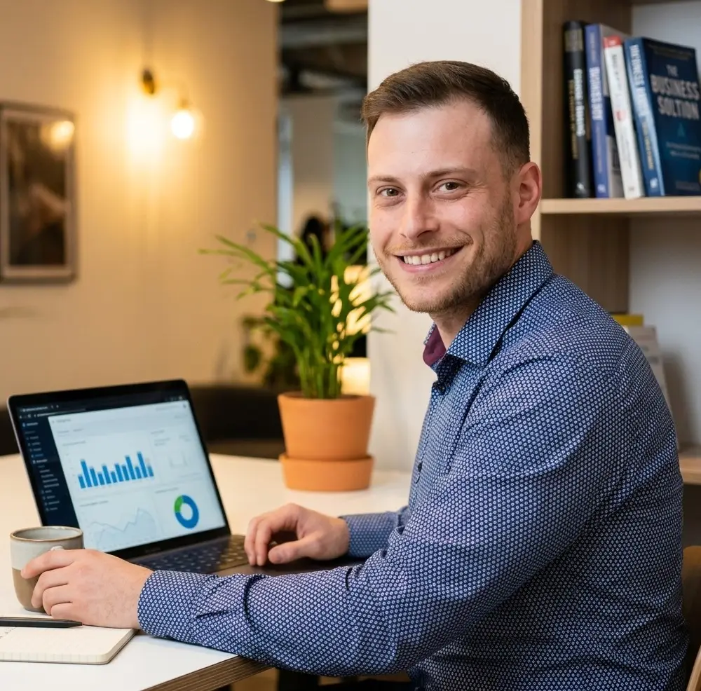 Pavel Vognárek u laptopu s analytickými dashboardy – PPC specialista a Google Ads konzultant při práci